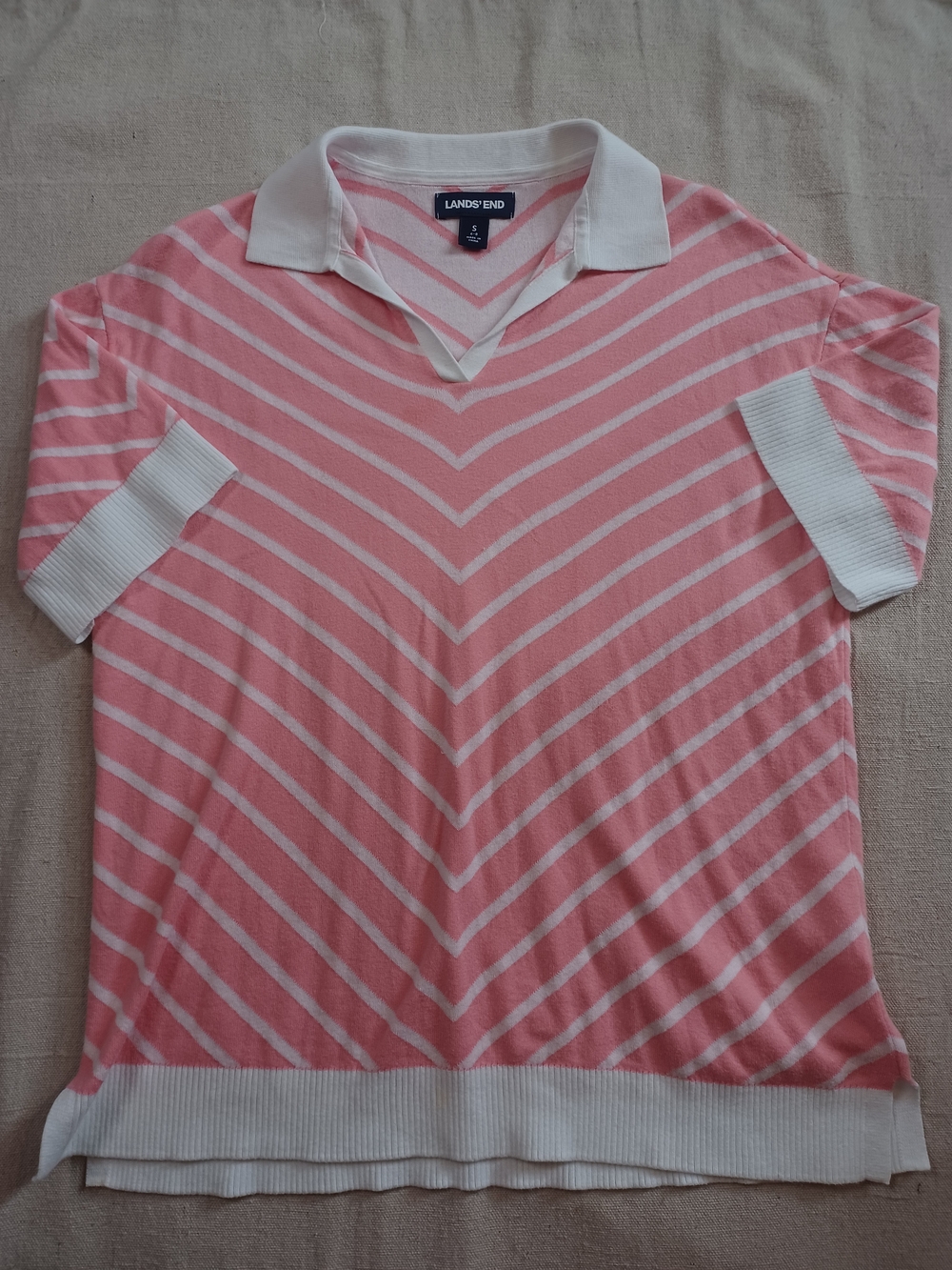 Lands' End Pink Short-Sleeve Striped Polo Sweater Women's Size Small